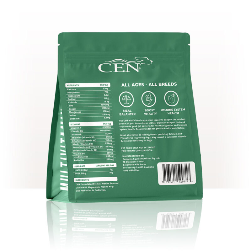 Rear view of CEN Dog Multivitamin package